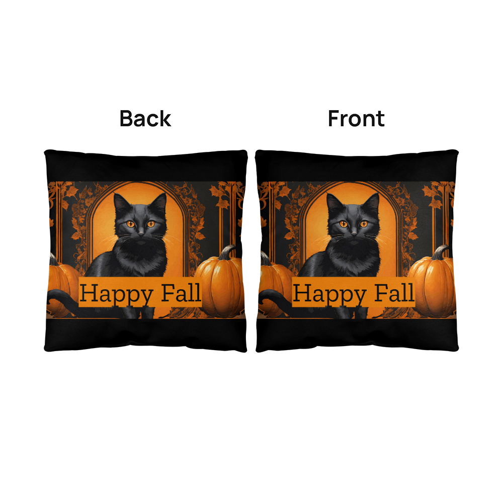 Set of two decorative throw pillows featuring black cat “Happy Fall” front and back