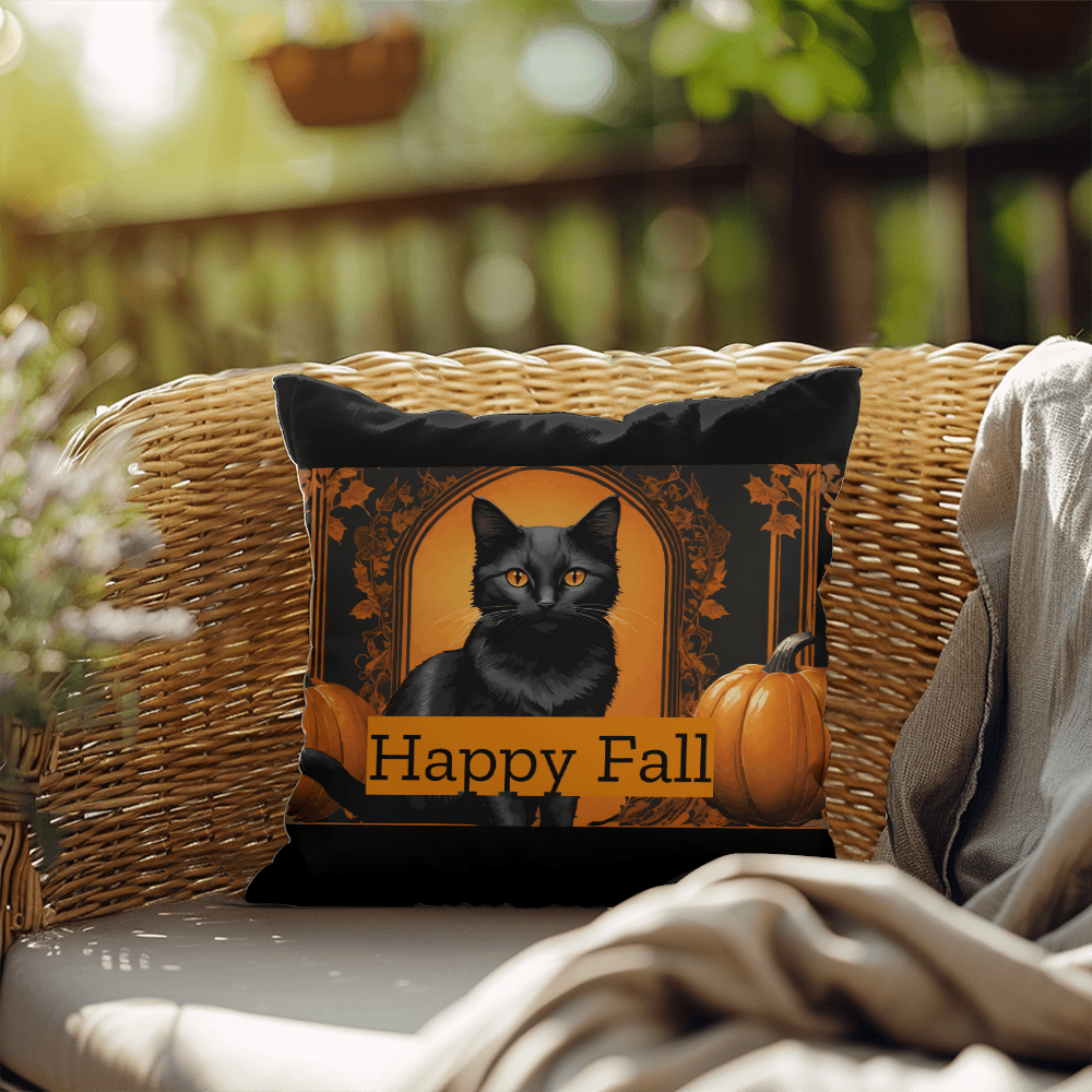 Decorative black cat and orange pumpkin “Happy Fall” stuffed throw pillow