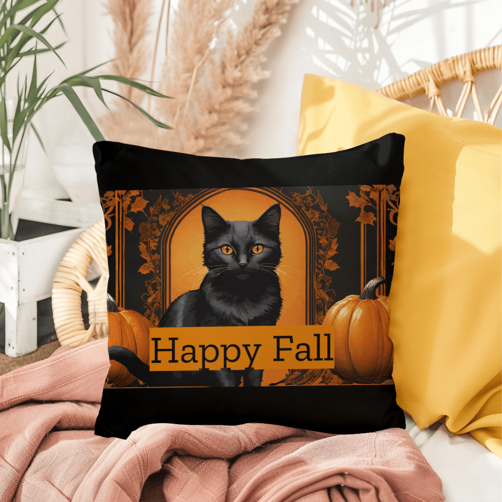 Decorative black cat “Happy Fall” throw pillow with orange pumpkin and fall frame