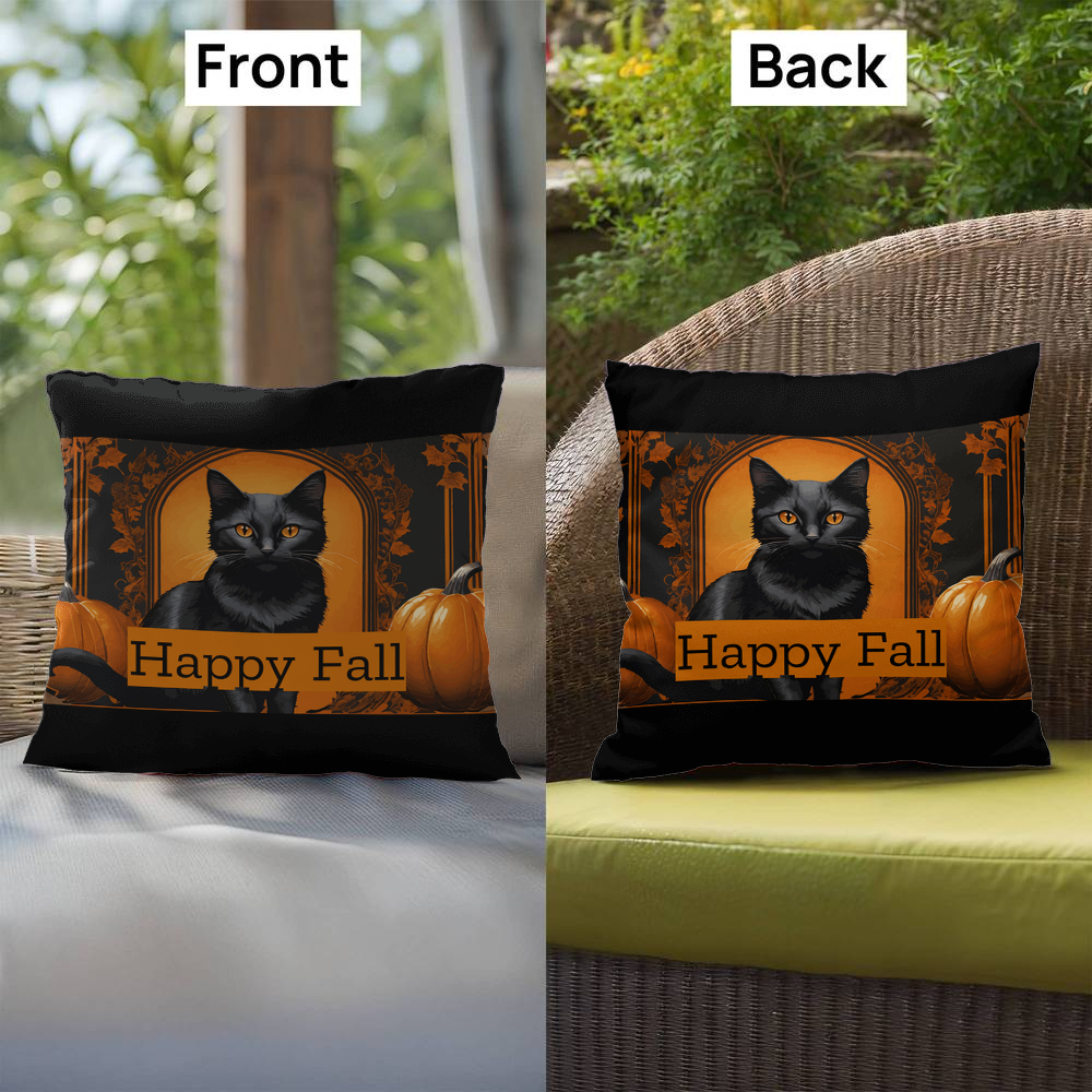Two-sided decorative throw pillow with black cat and “Happy Fall” pumpkin design