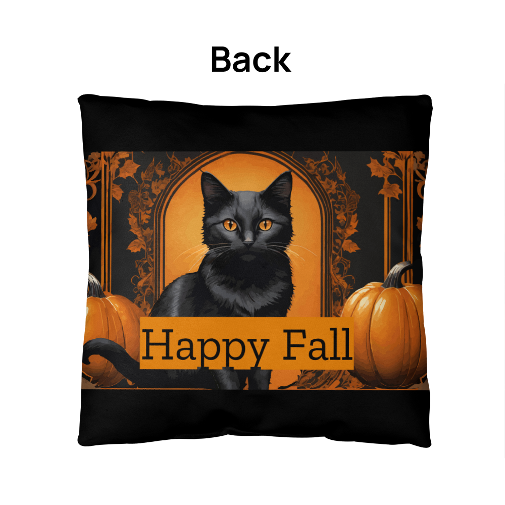Decorative throw pillow back with black cat centered on orange “Happy Fall” design