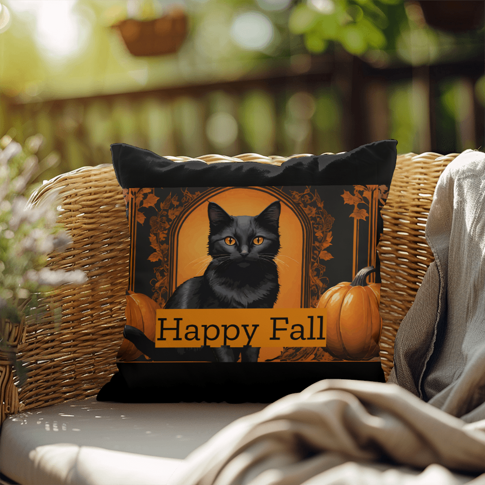 Decorative black cat “Happy Fall” stuffed throw pillow with orange pumpkins, black border