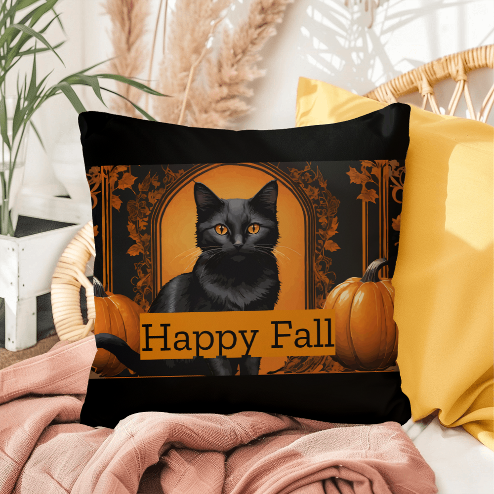 Decorative throw pillow with black cat portrait and orange “Happy Fall” pumpkin artwork