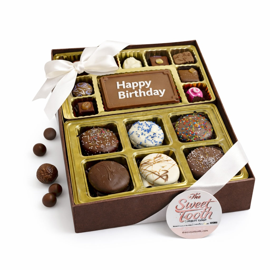 Personalized chocolate gift box with assorted chocolates, white ribbon, “Happy Birthday” plaque