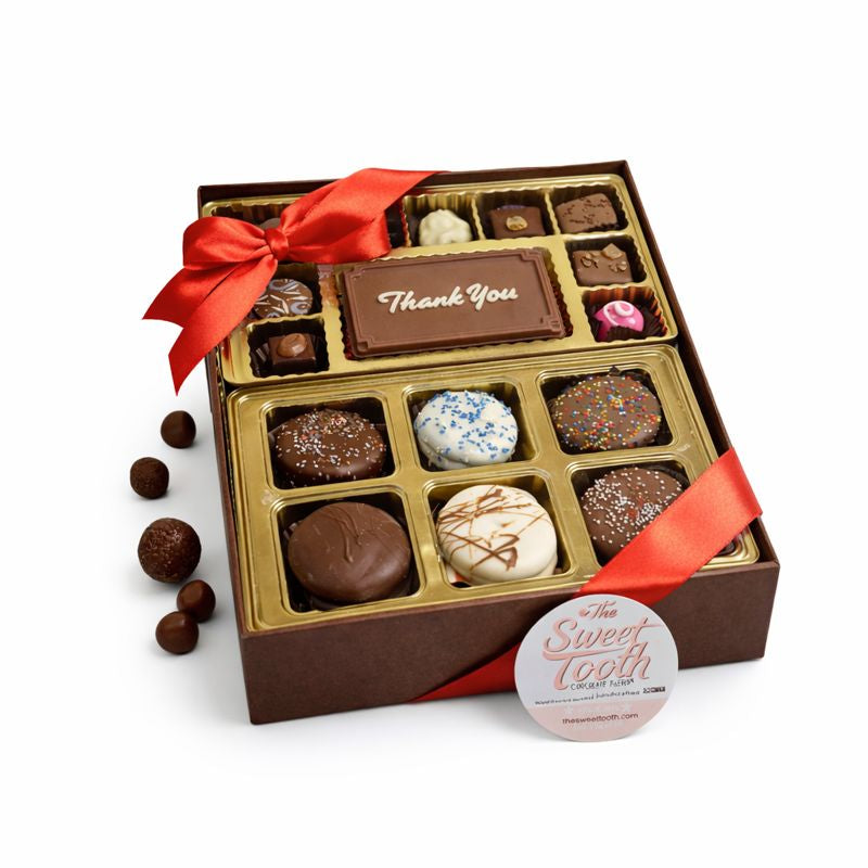 Personalized chocolate gift box with assorted chocolates, red ribbon, “Thank You” plaque