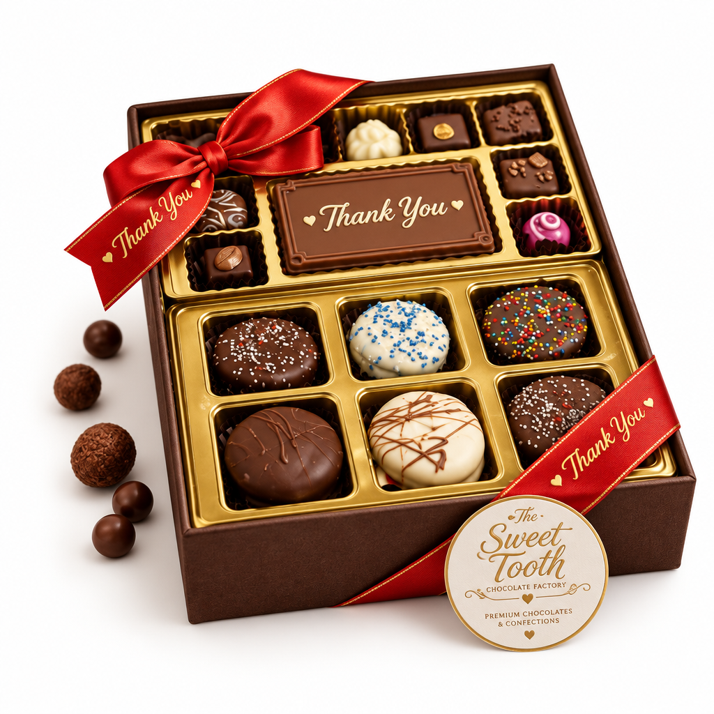Personalized chocolate gift box with assorted chocolates, red ribbon, “Thank You” centerpiece plaque