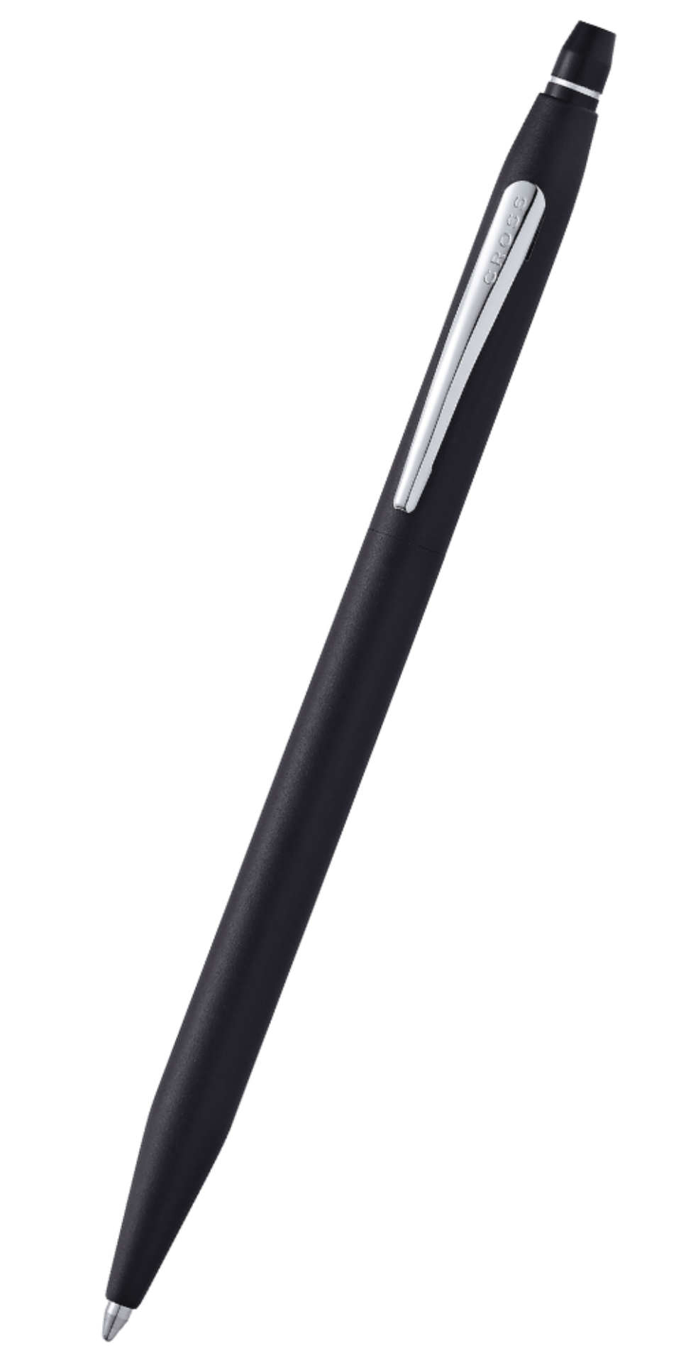 Black ballpoint pen with silver barrel window and black cap, side view