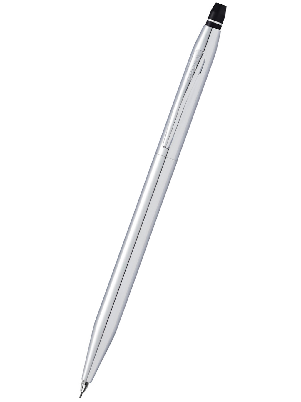 Chrome pen with black cap, slim barrel and pointed tip