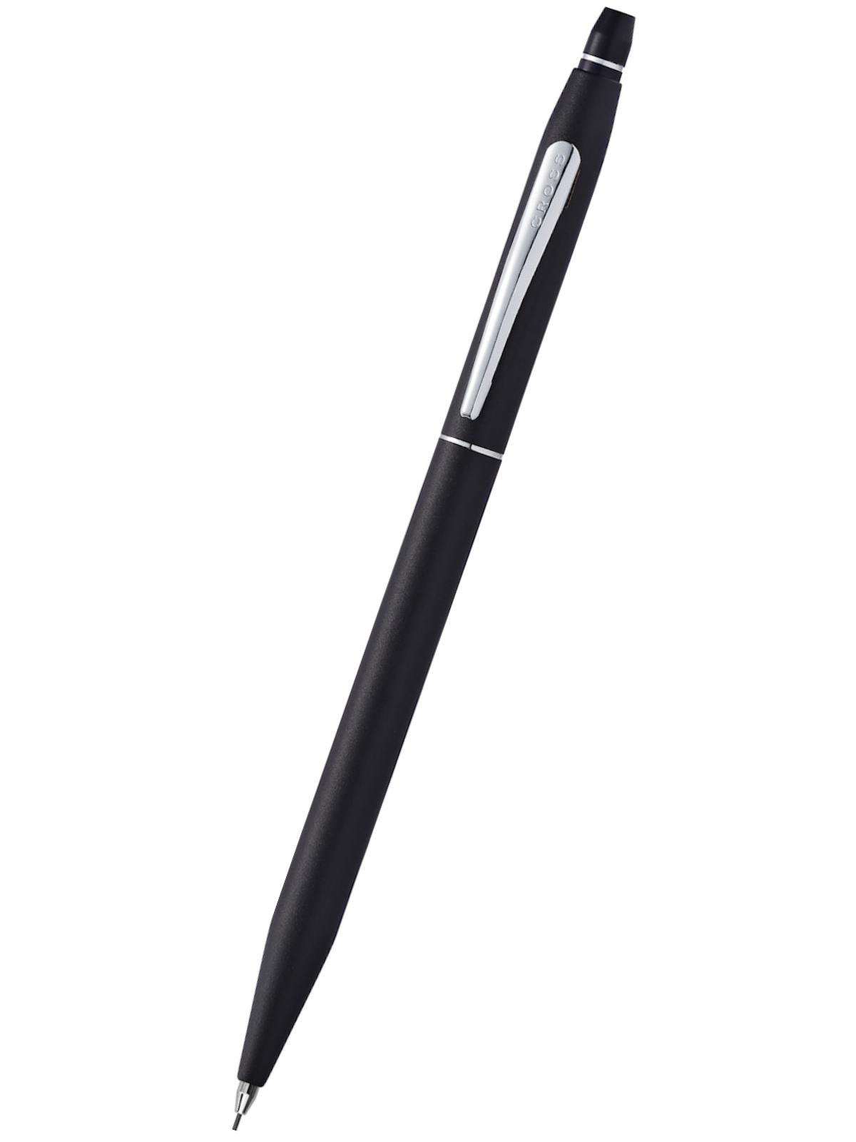 Black pencil-style pen with silver clip ring and pointed silver tip