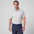 Ash gray athletic polo with short sleeves, button placket, and ribbed collar.