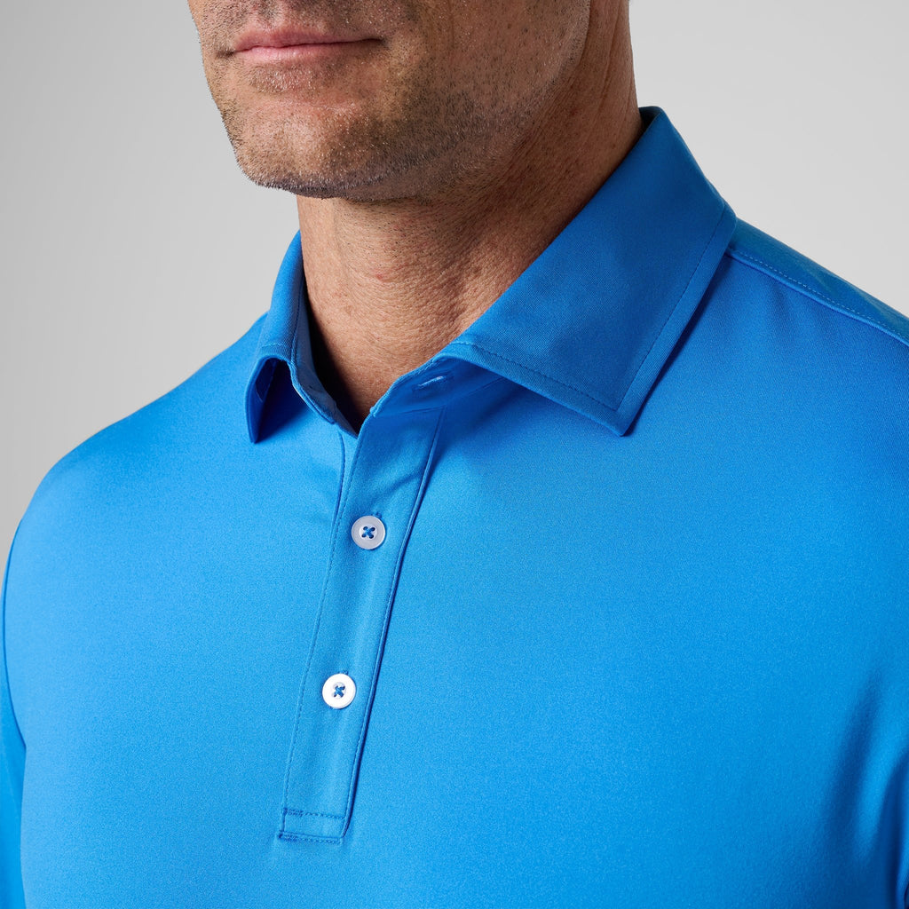 Sonic blue polo neckline with two-button front and stitched placket detail
