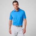 Sonic blue athletic tech polo shirt with short sleeves and button-front placket