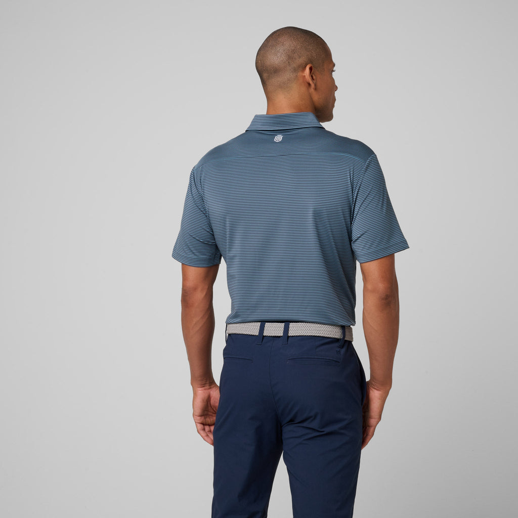 Men's striped athletic polo shirt, short sleeves, back view with buttoned collar.
