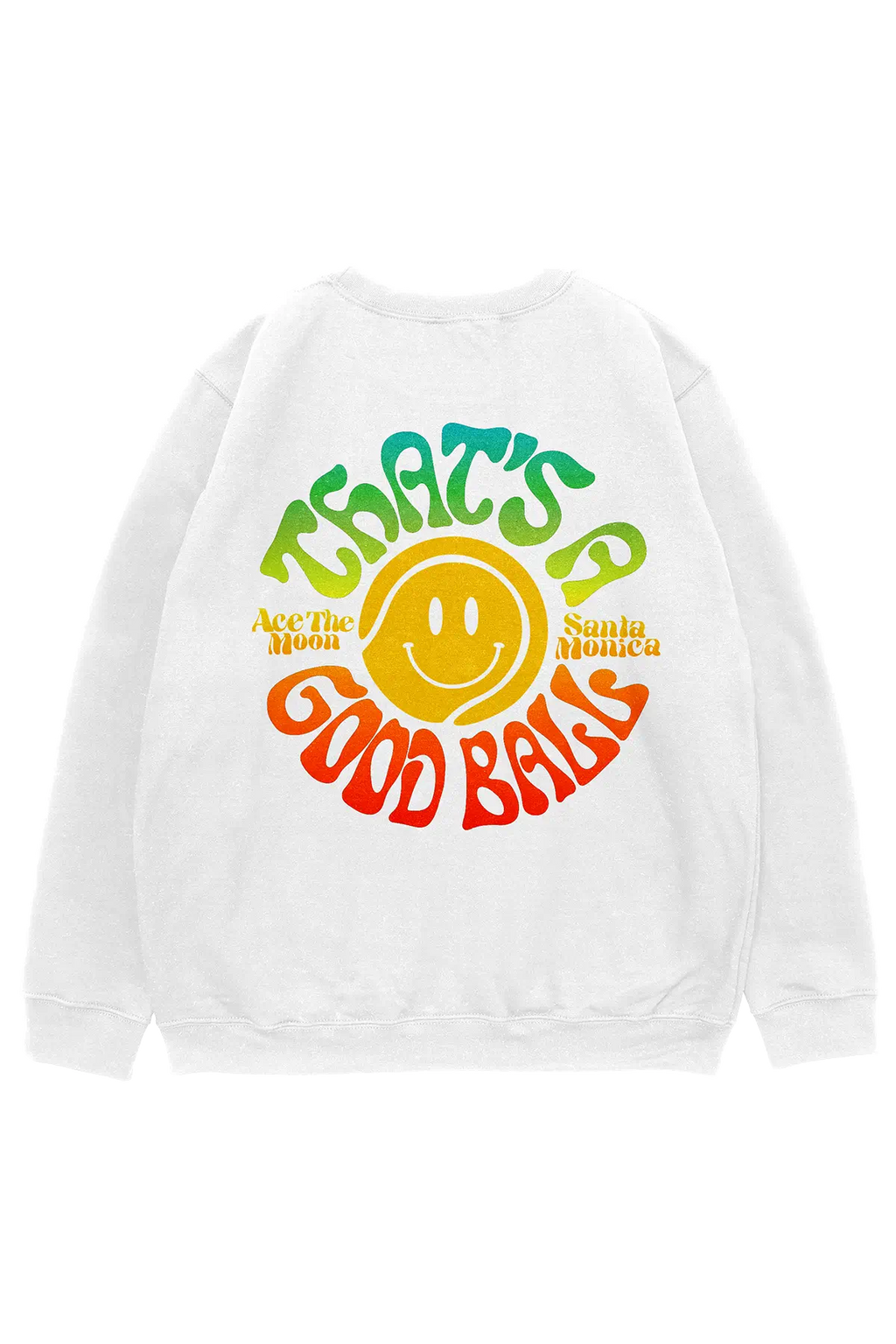 White crewneck sweatshirt with large green and red smiley face back graphic