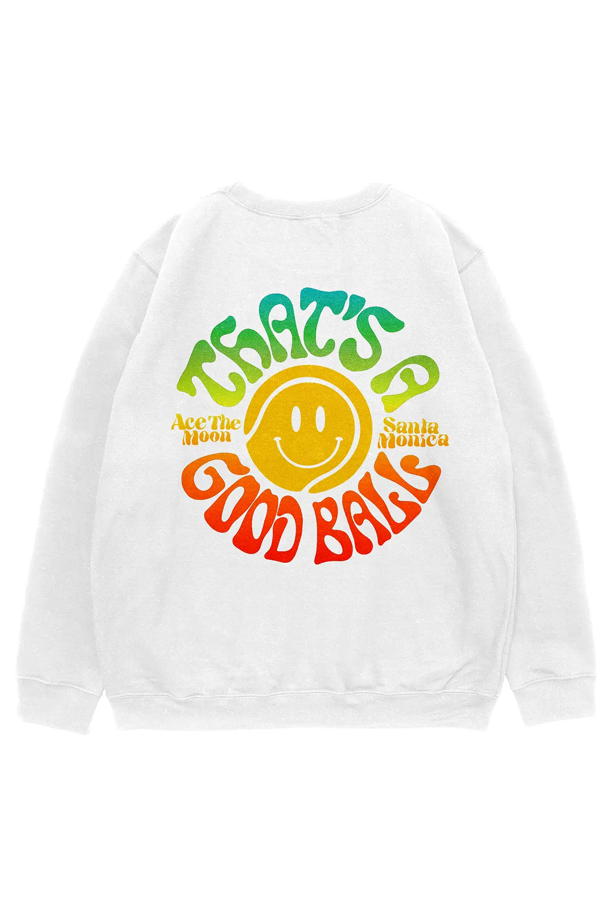 White crewneck sweatshirt with large green and red smiley face back graphic
