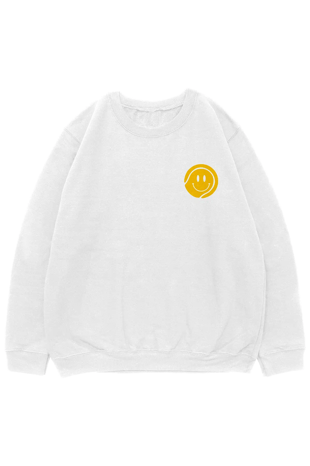 White crewneck sweatshirt with small yellow smiley face logo on the front