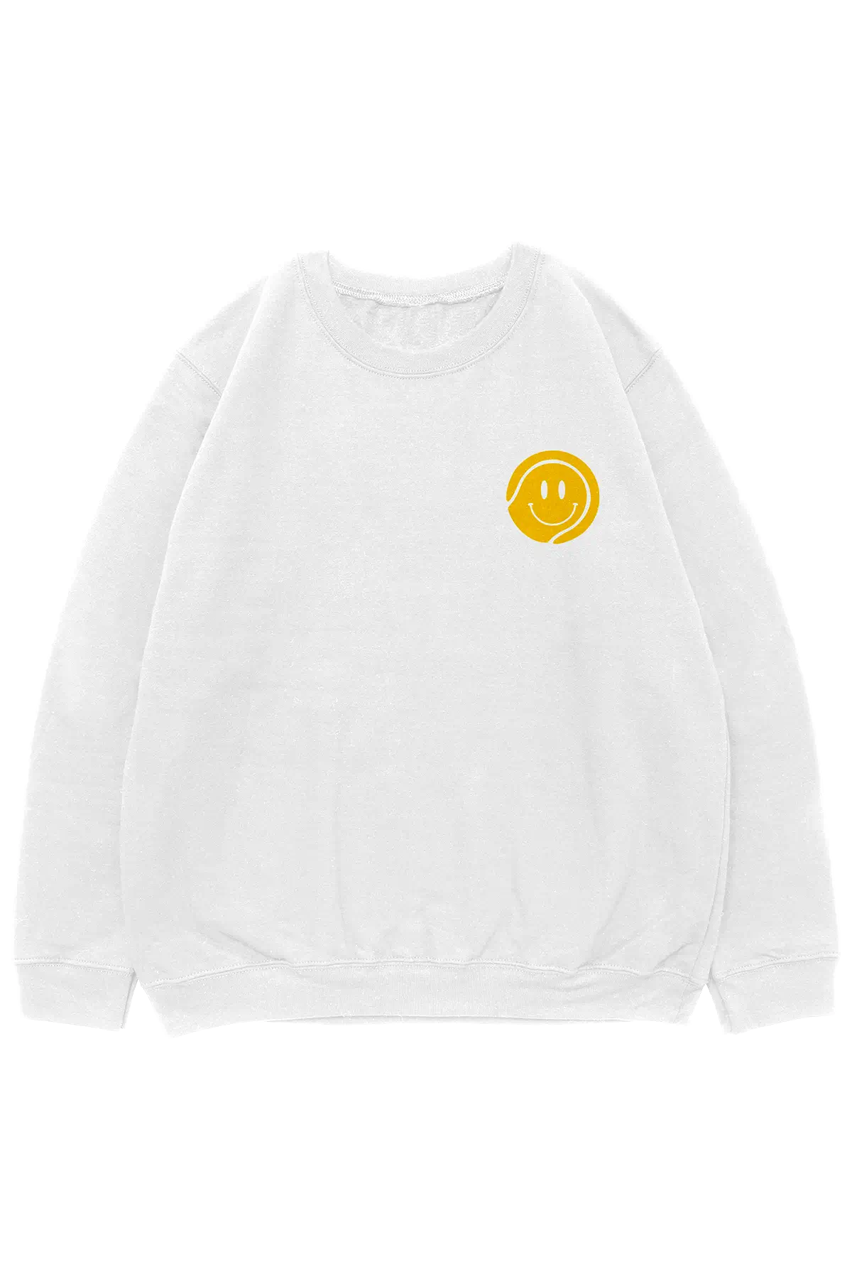 White crewneck sweatshirt with small yellow smiley face logo on the front