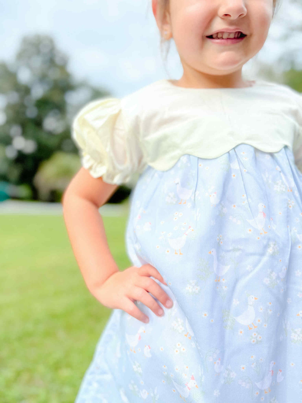Girls pastel blue floral dress with cream puff cap sleeves and gathered waist