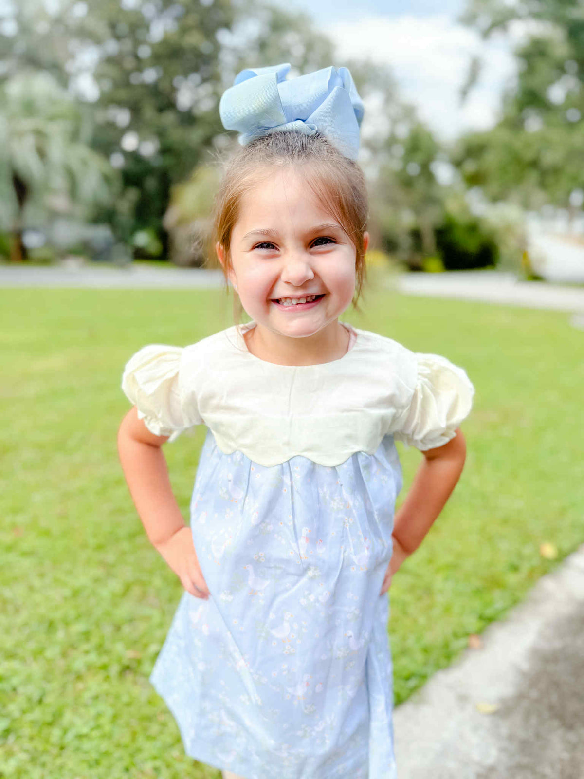 Girls pastel blue floral dress with cream short puff sleeves and high ruffle collar
