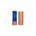Lip balm sticks with blue and brown caps and cylindrical tubes