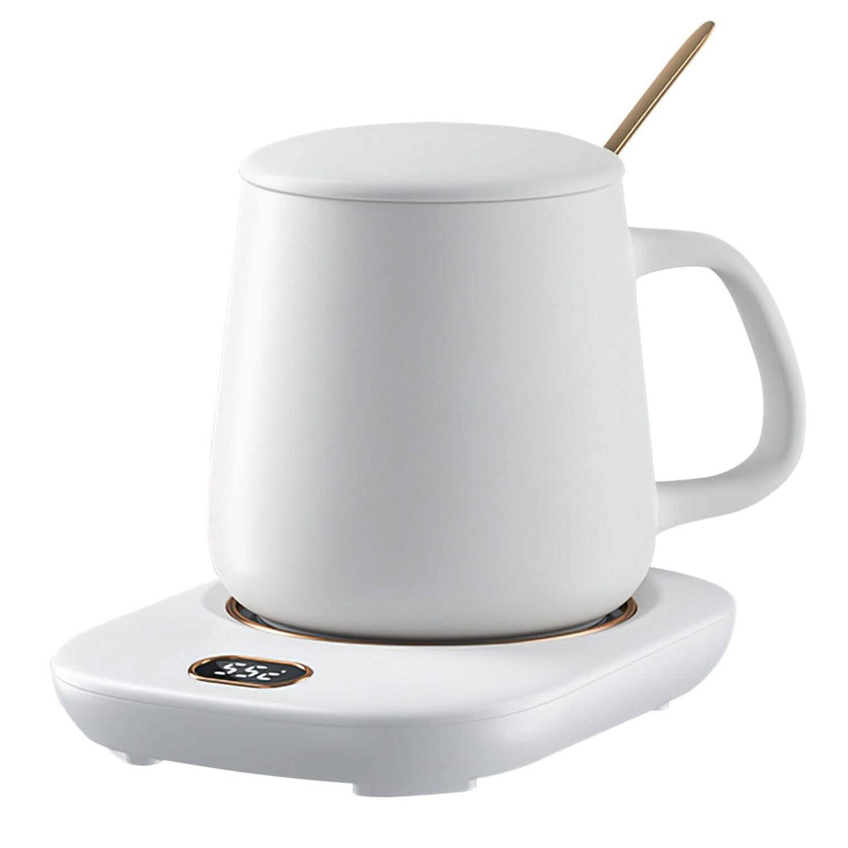 White USB mug heating plate with auto shutoff; mug sits on flat warming base