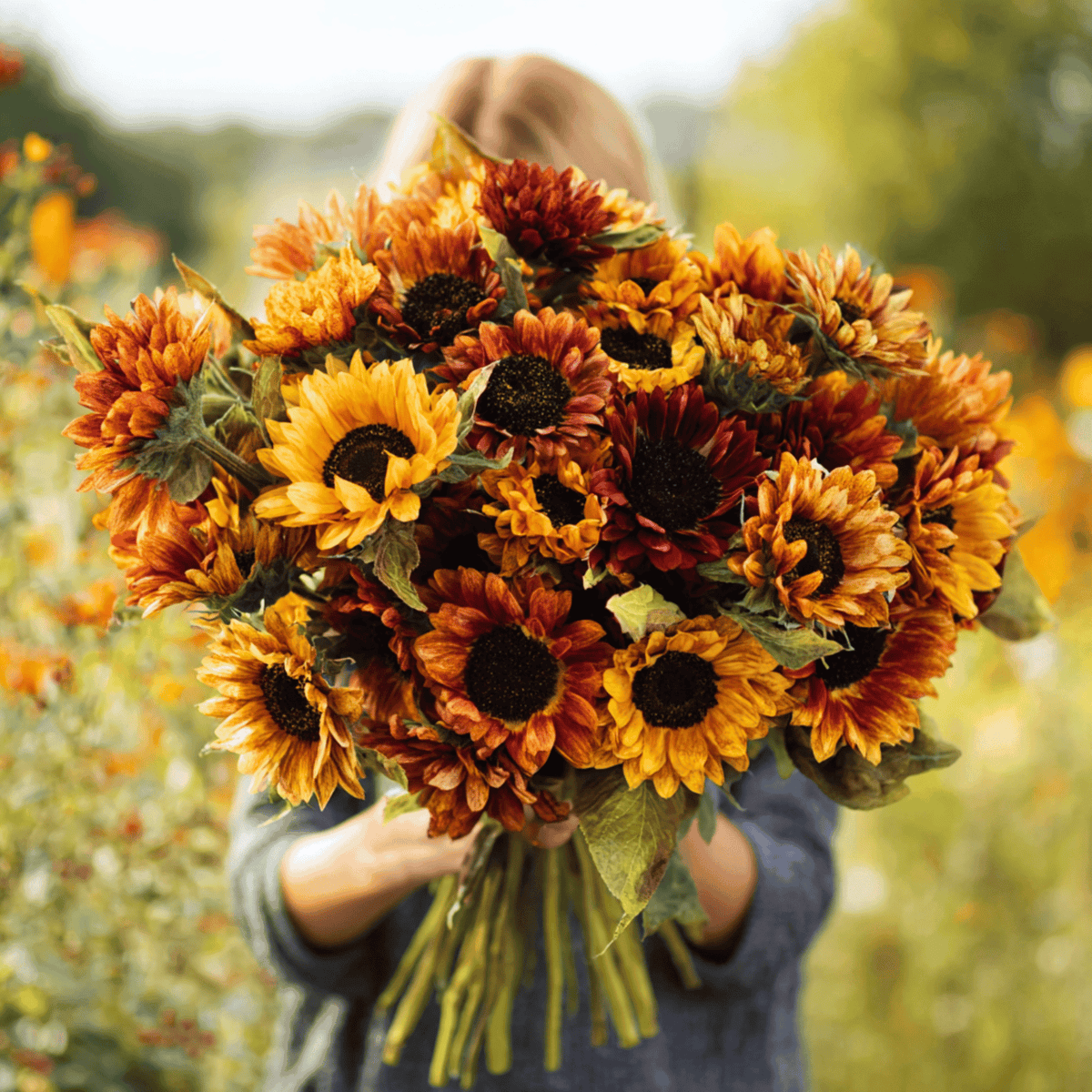 Autumn-toned sunflower bouquet with layered petals and dark centers, held in hands