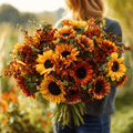 Orange and yellow sunflower bouquet with dark centers, held by person