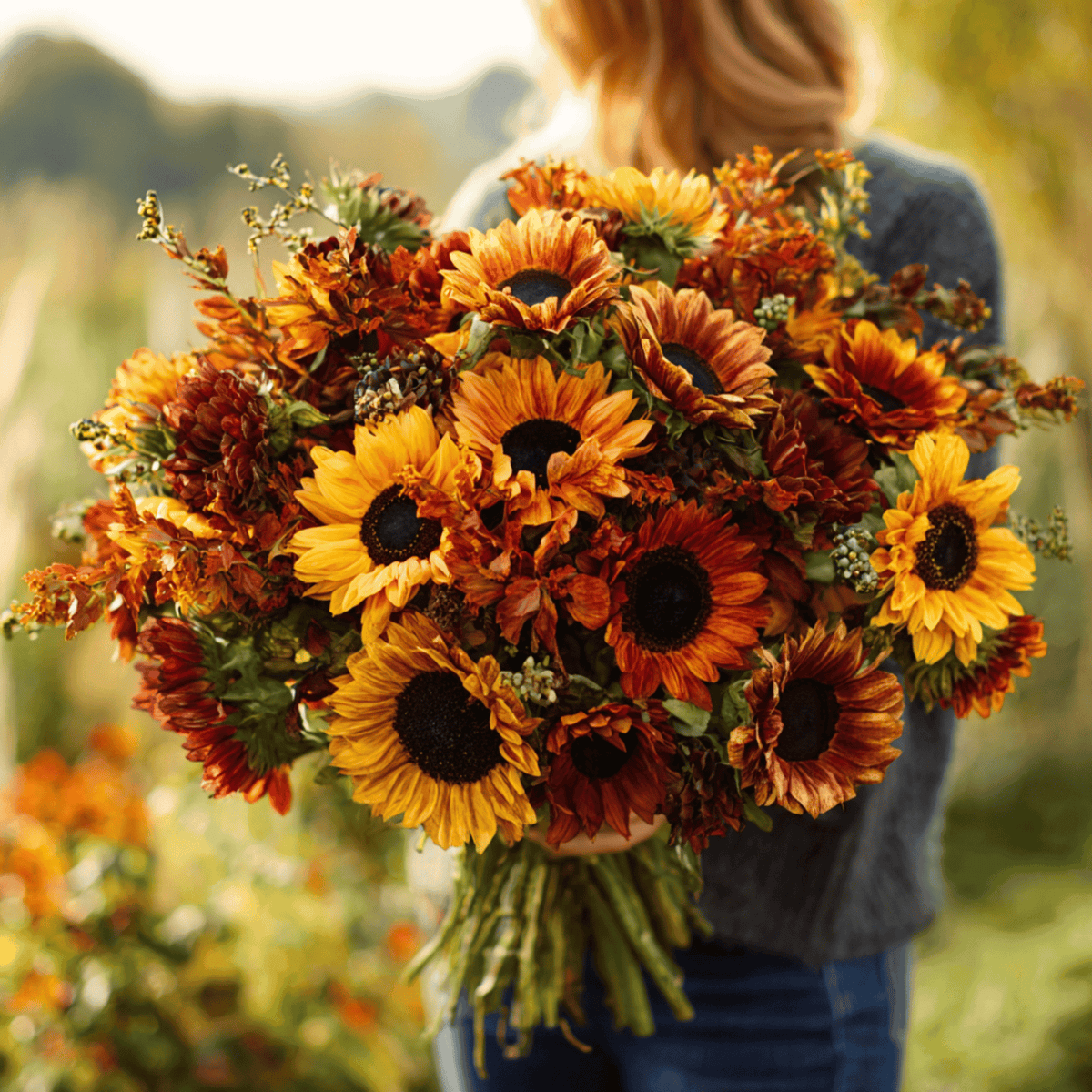 Orange and yellow sunflower bouquet with dark centers, held by person