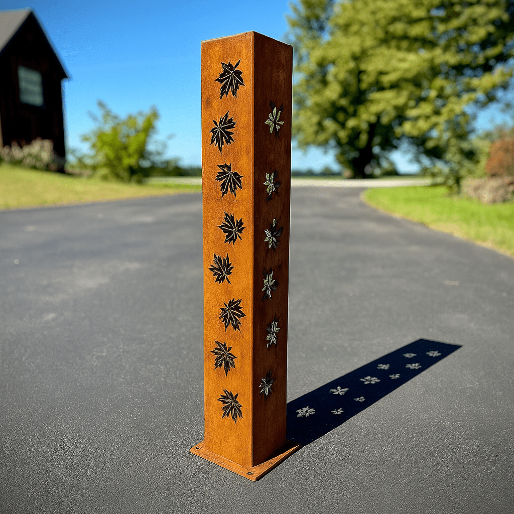 Orange solar pillar luminary with leaf cutout pattern and dark metal base