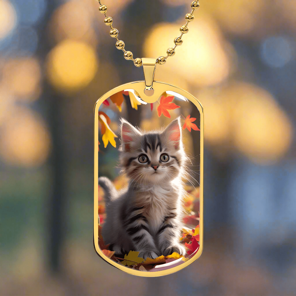 Gold military chain kitten pendant necklace with rounded photo charm and autumn leaves