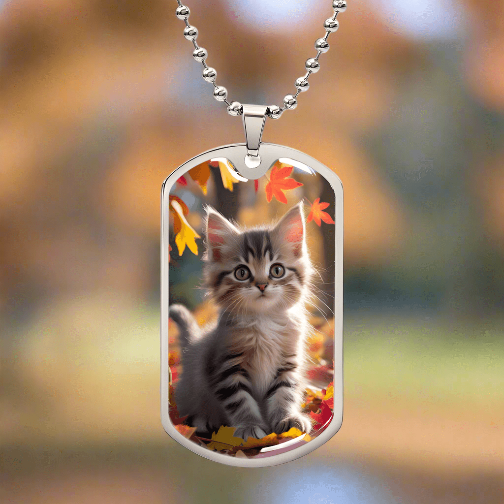 Silver military chain kitten pendant necklace with rounded photo charm and autumn leaves