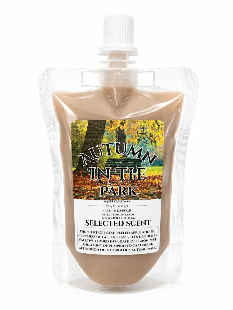 Squeezable wax melt pouch with white cap, transparent beige wax and Autumn Park label