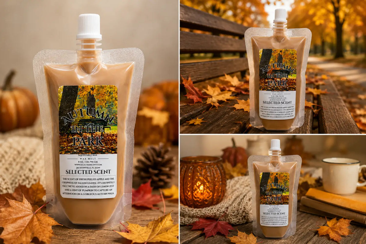 Squeezable wax melt pouch with white cap, beige wax and Autumn Park label (multi-angle)