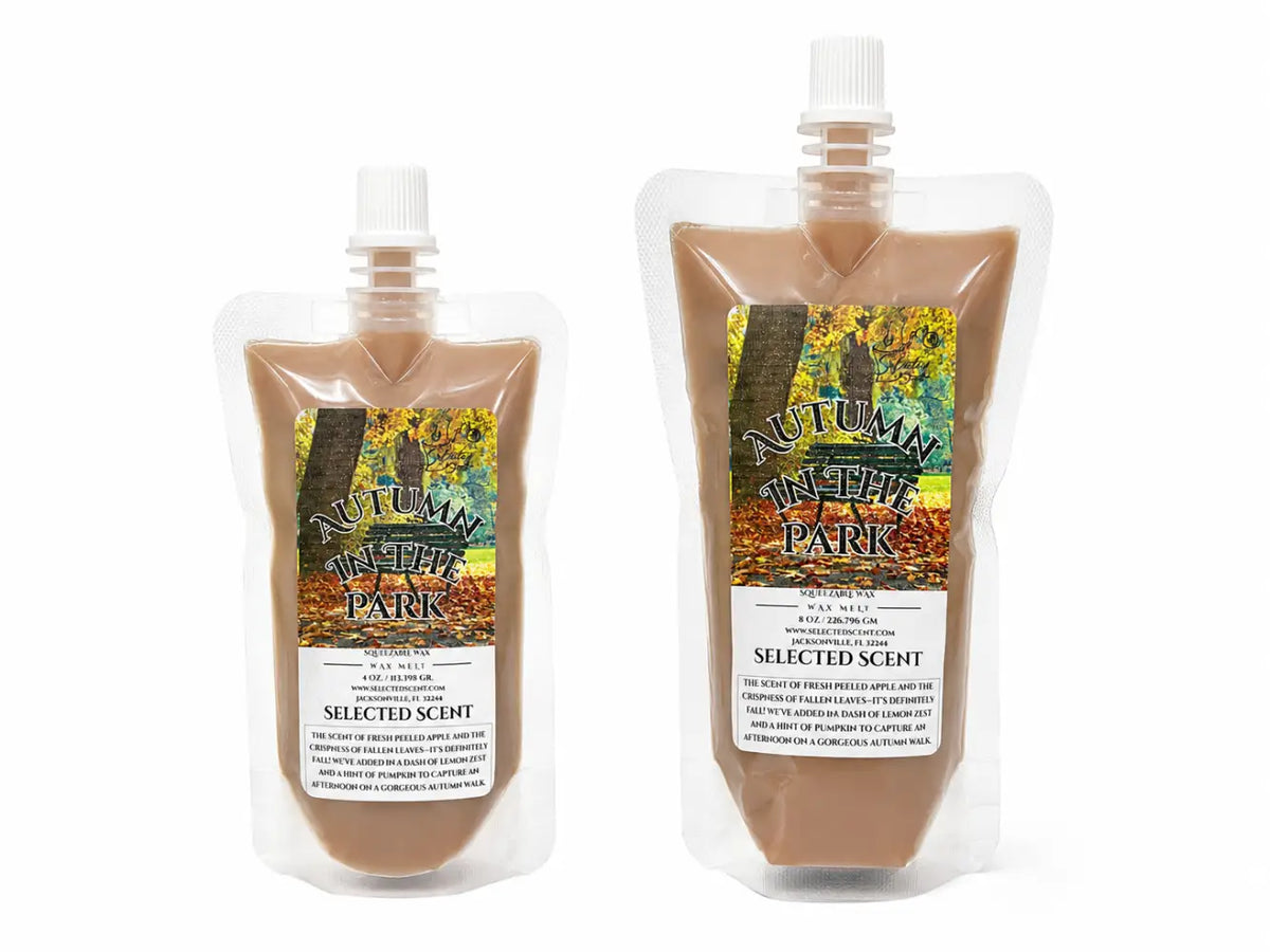 Squeezable wax melt pouch, transparent beige wax with white cap and Autumn Park label