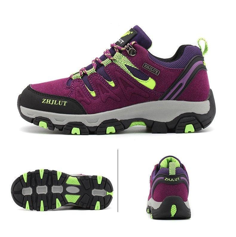 Low-top hiking shoes, purple-mauve with neon green accents and black grippy outsole
