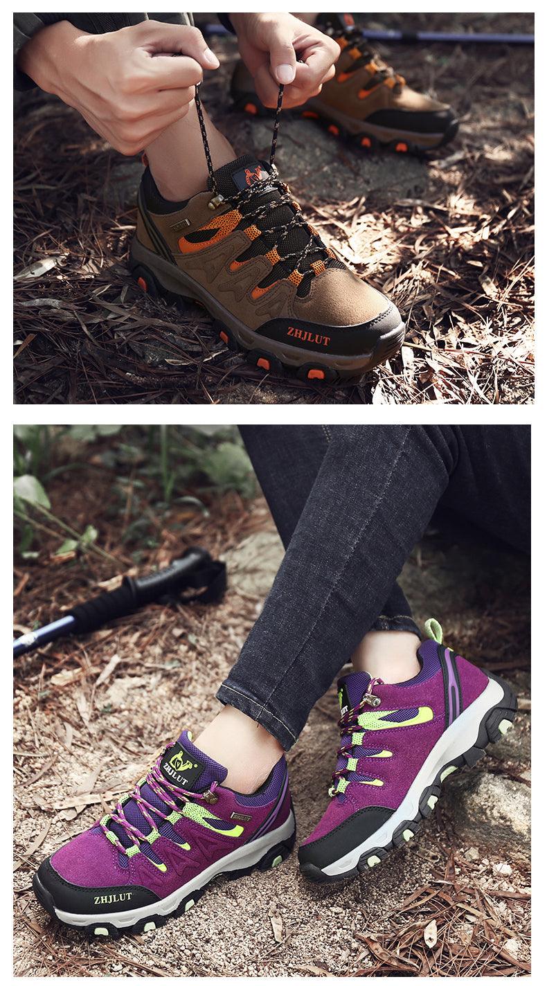 Purple low-top hiking shoes with green laces and thick rubber trail outsole