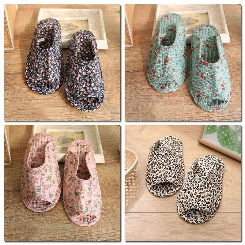 Set of four women’s slip-on indoor slippers: dark floral, green floral, pink floral, leopard