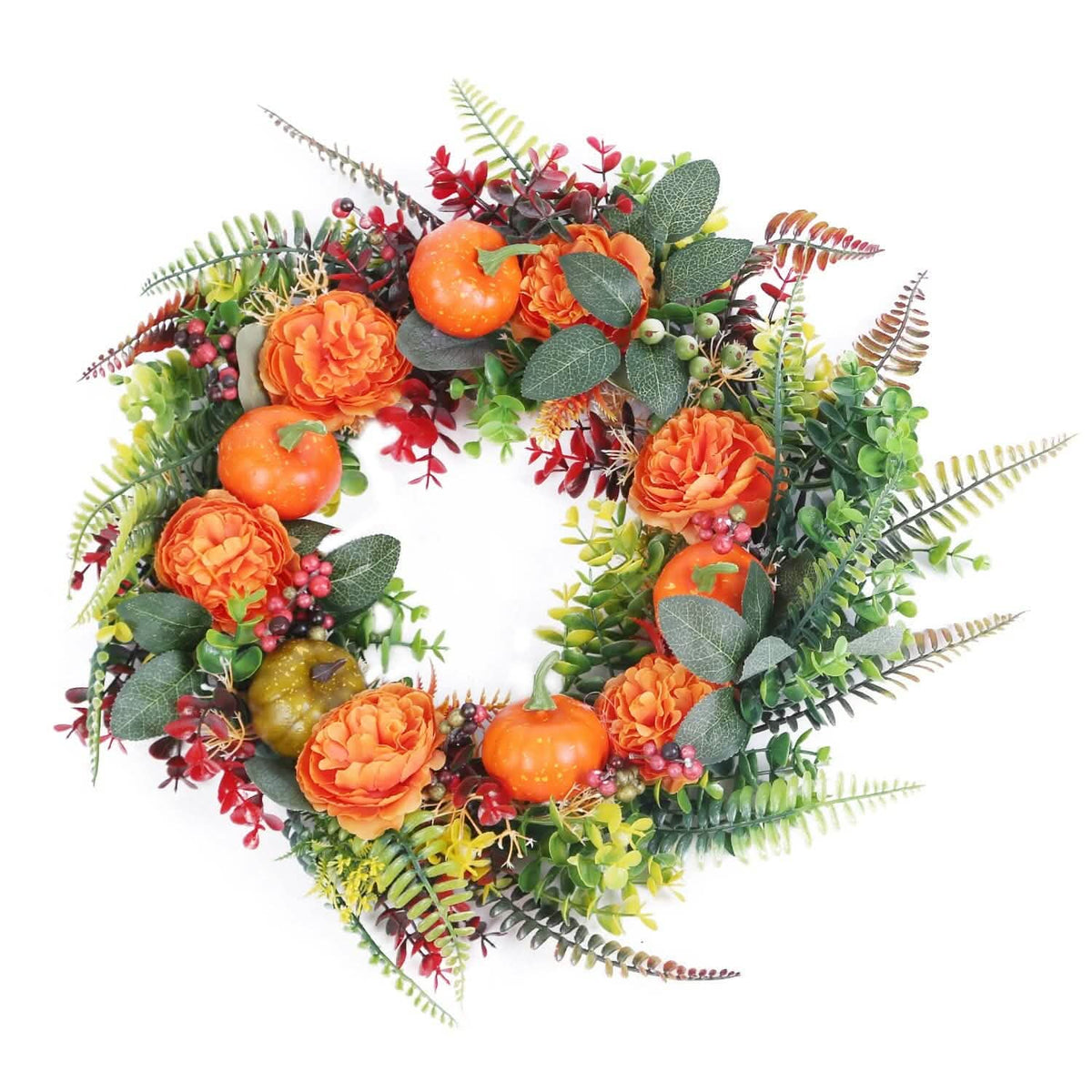 Autumn wreath angled view with orange pumpkins, orange roses, red berries, and green leaves