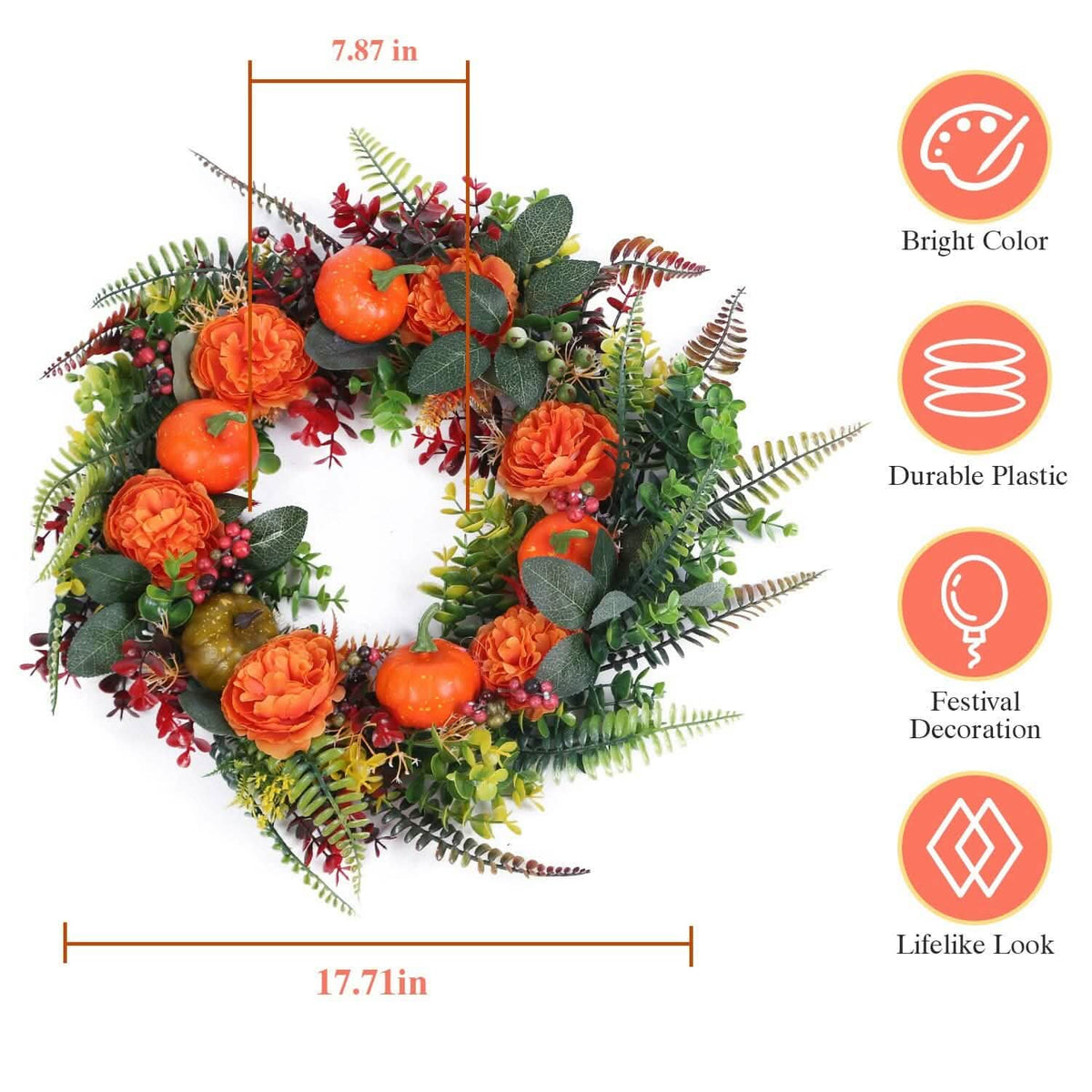 Autumn wreath full view with orange pumpkins, orange flowers, red berries, and mixed greens