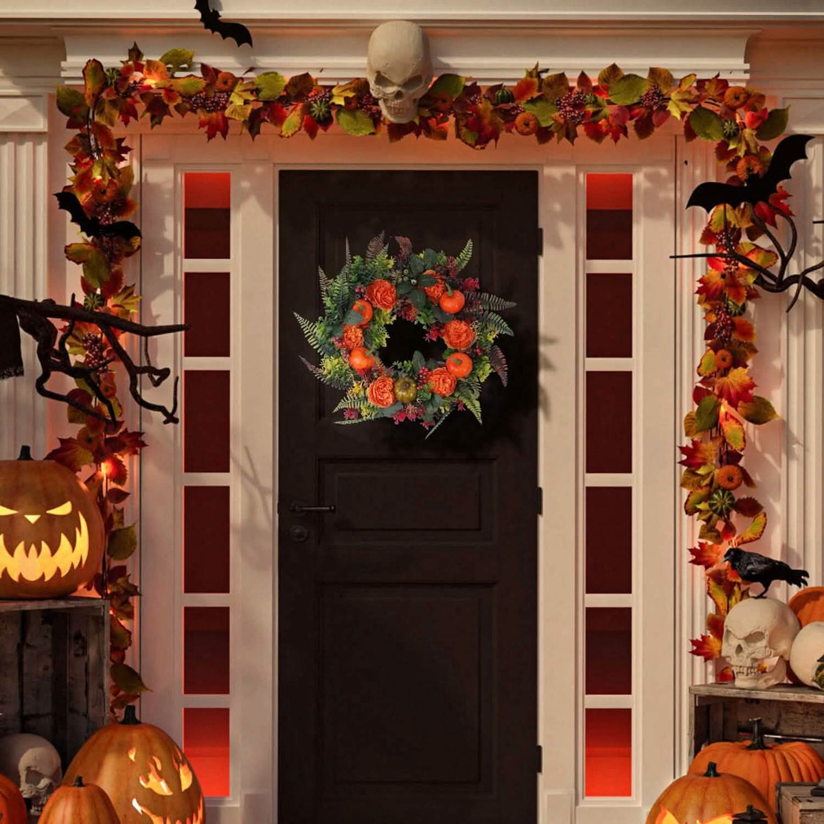 Autumn wreath centerpiece with orange pumpkins, orange roses, red berries, and green foliage