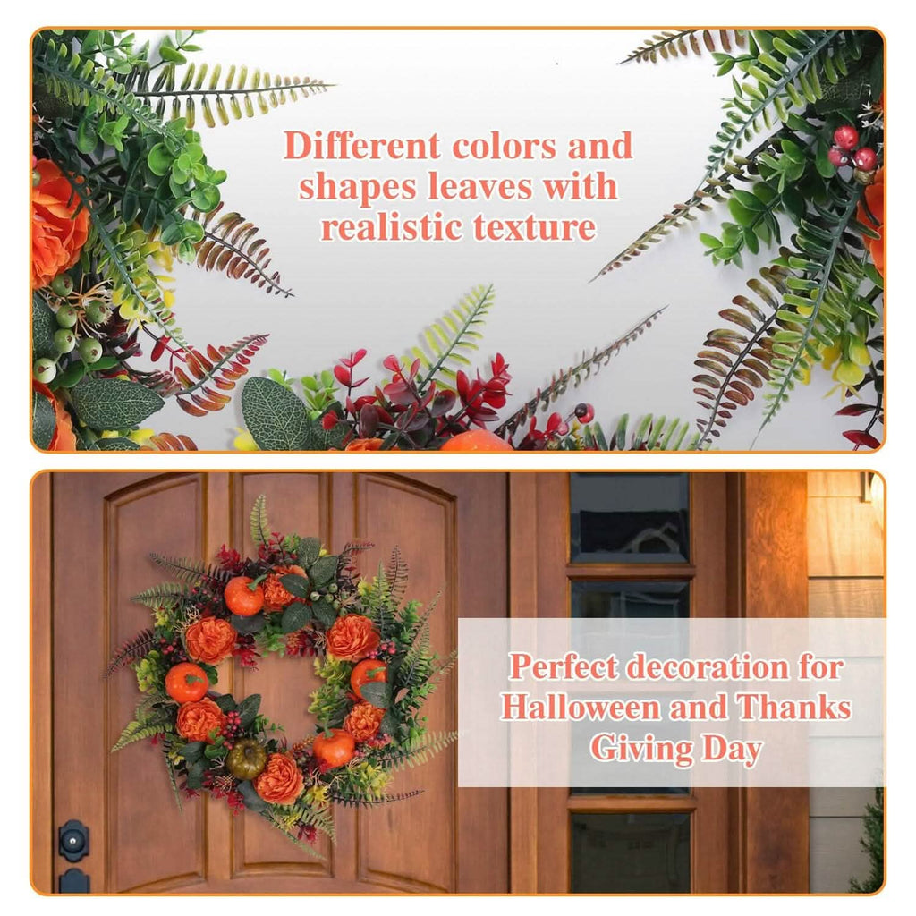 Autumn wreath with orange rose blooms, orange pumpkins, red berry clusters, and fern fronds