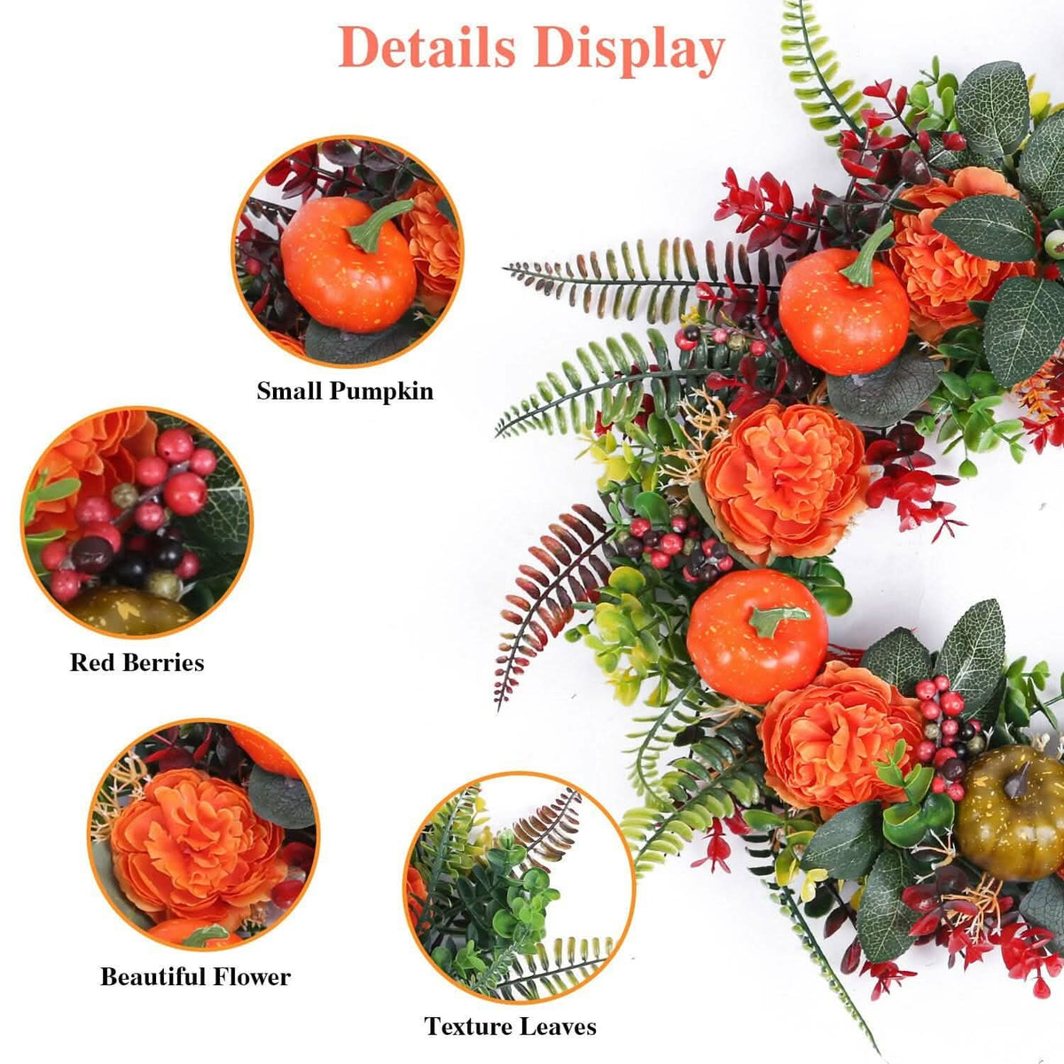 Autumn wreath detail: small orange pumpkins, red berries, and orange flower blossoms