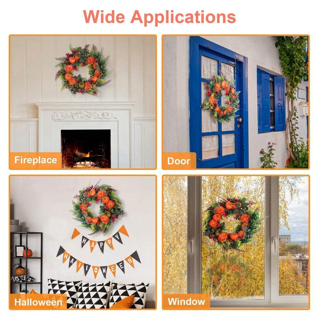 Autumn wreath with orange pumpkins, orange roses, red berries, and textured green leaves