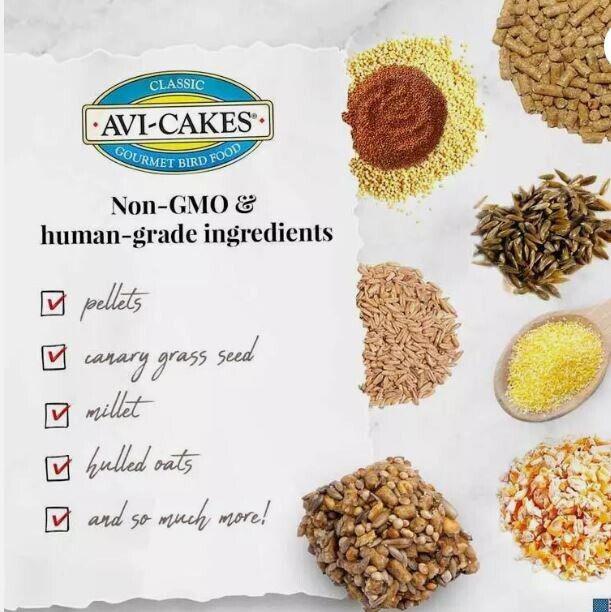 Parrot bird food ingredients panel with checkmarks and mixed grains