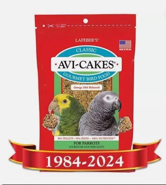Parrot avi-cakes bird food bag, Classic Avi-Cakes, 1984–2024 ribbon