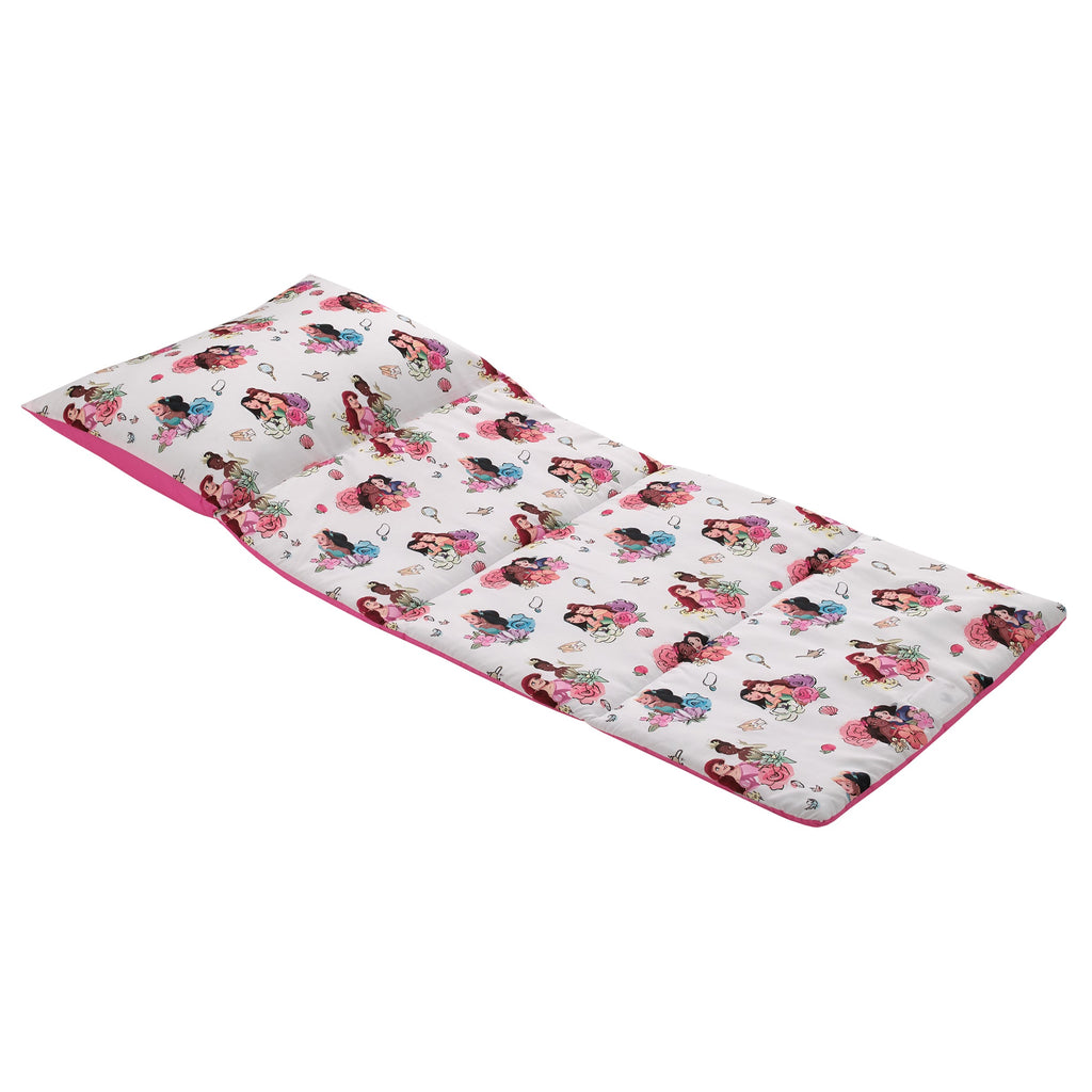 Toddler easy-fold nap mat with white princess character print and pink border