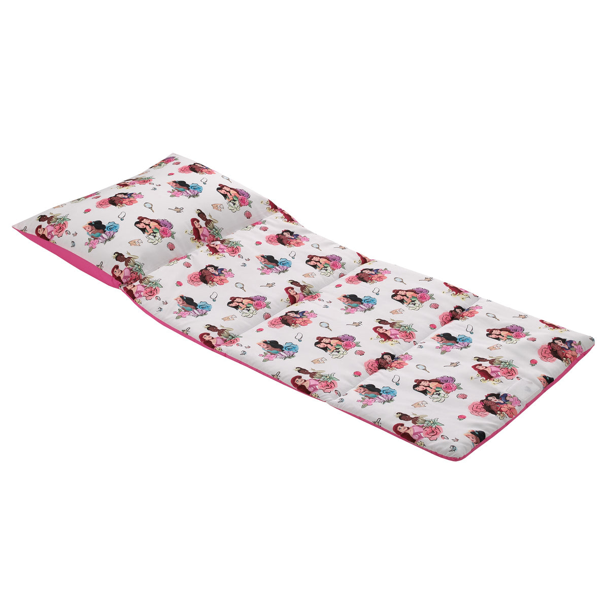 Toddler easy-fold nap mat with white princess character print and pink border