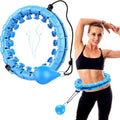 Blue smart hula hoop with massage nodes, black cord, and weighted front ball