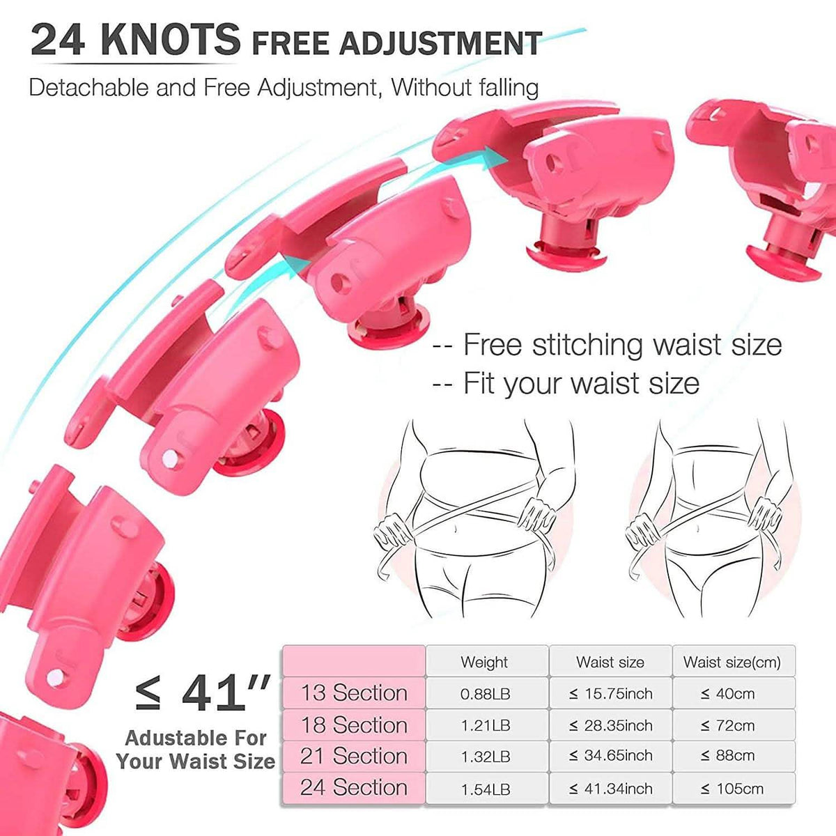 Pink adjustable weighted hula hoop with multiple sections and end connectors