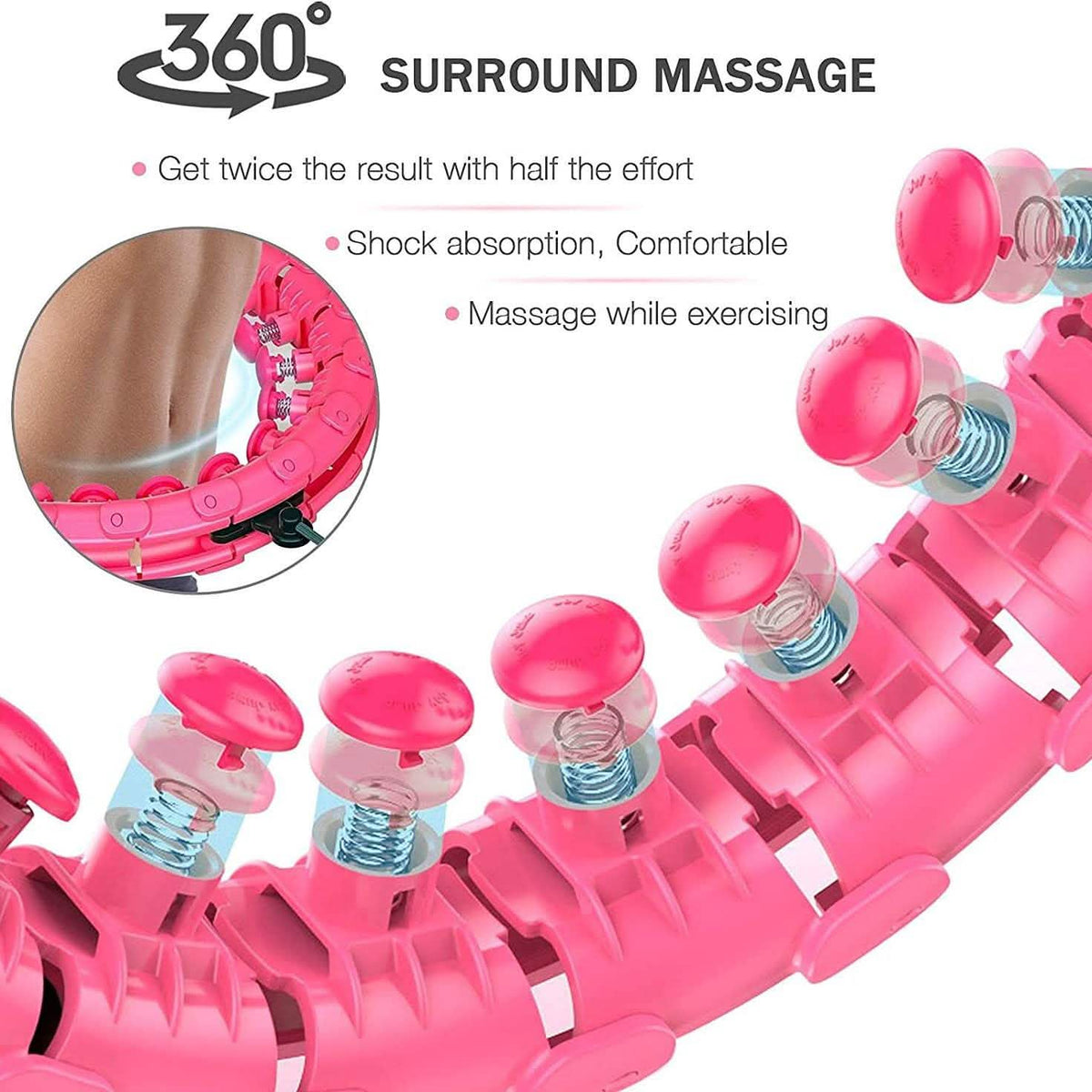 Pink smart hula hoop with massage nodes and visible spring-like massagers